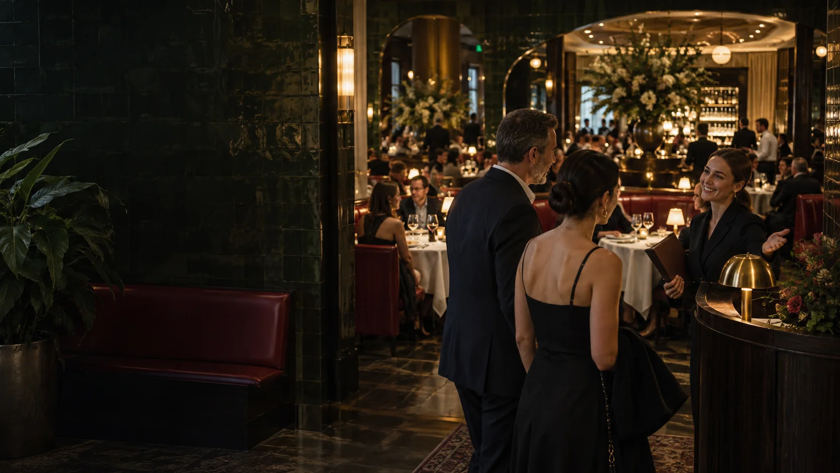 A host welcoming guests into a lively restaurant
