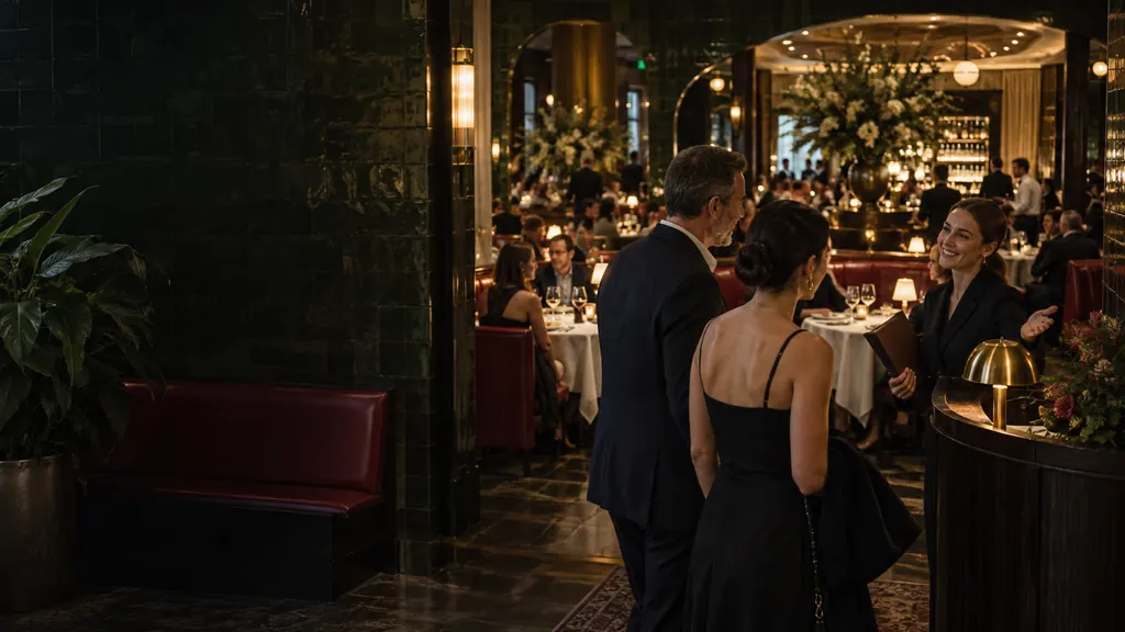 Guests arriving into a lively dining room