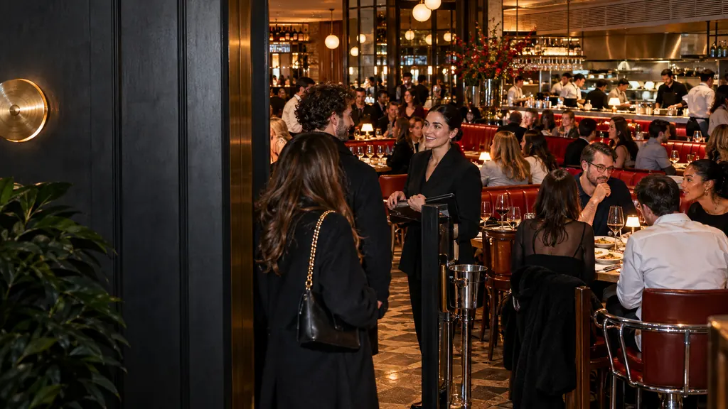 A busy dining room in full service, with a host leading guests to their table