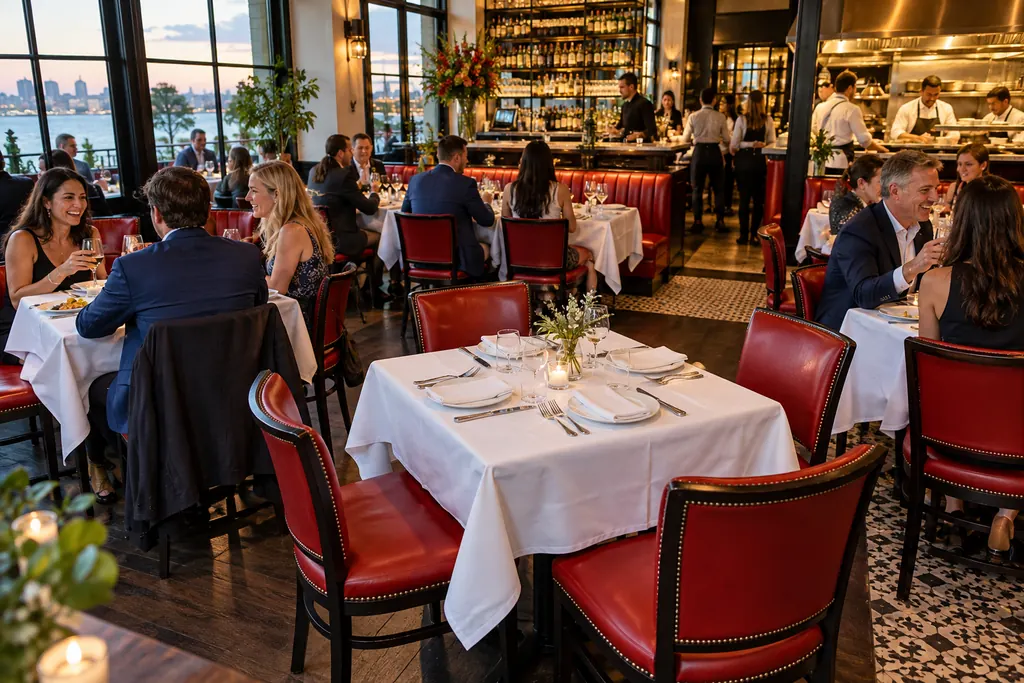 An empty table set for four in a busy restaurant