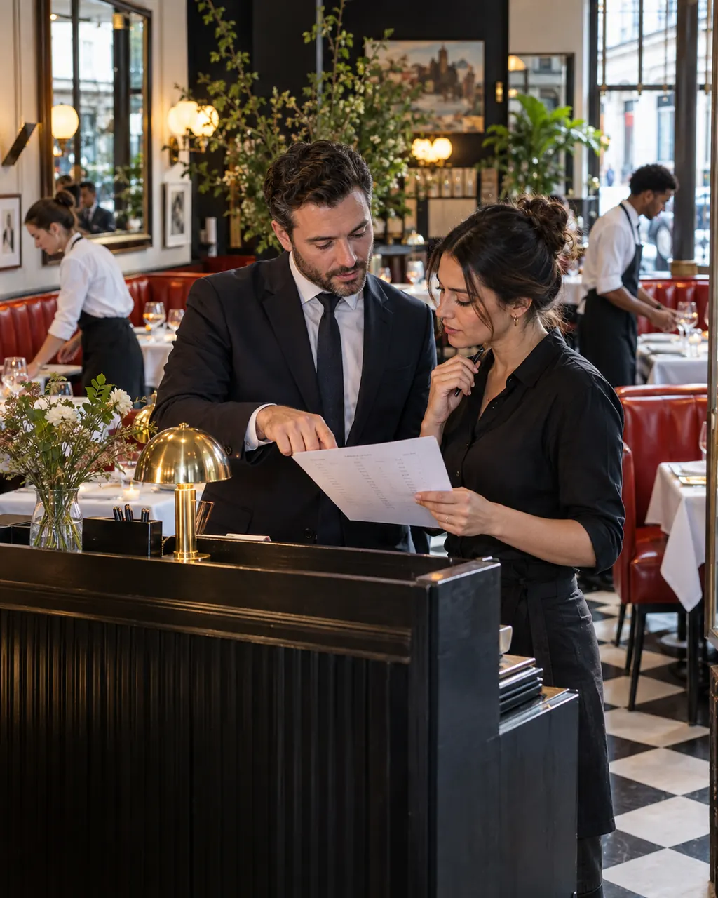 A general manager and host checking the evening’s bookings