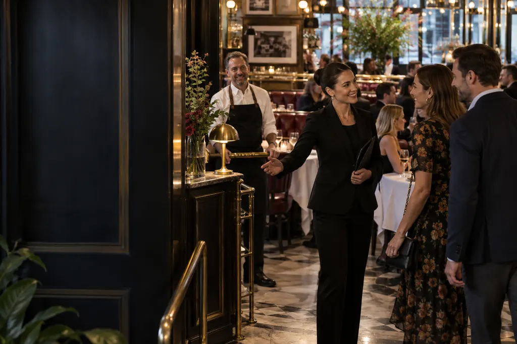 A host greeting guests at the restaurant entrance