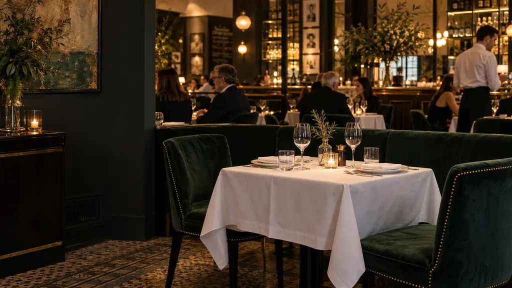 A table laid for two in a quiet, candlelit dining room