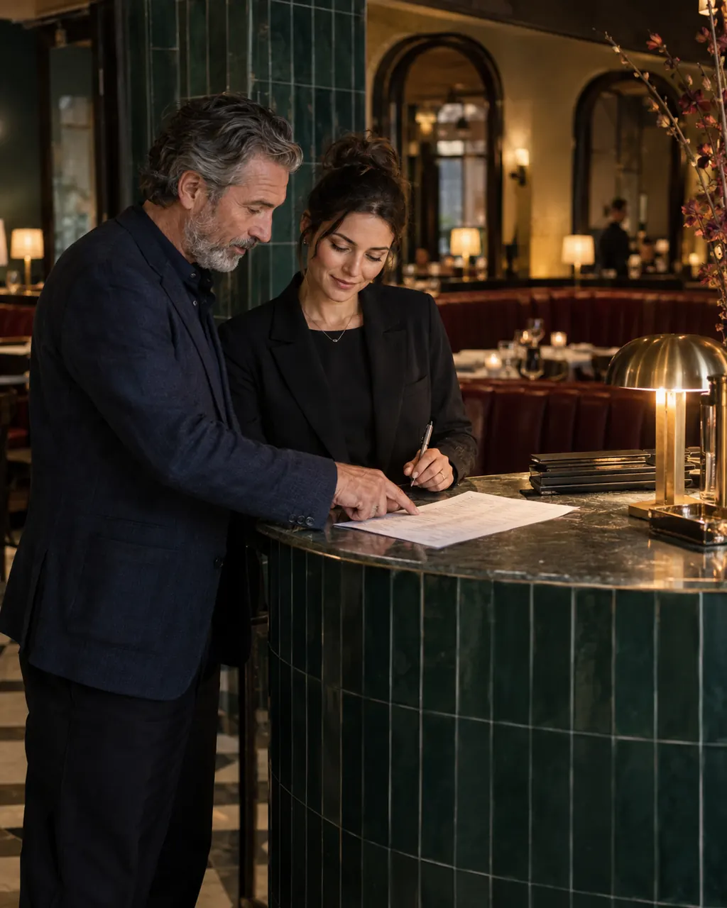A restaurant owner and host planning the evening service