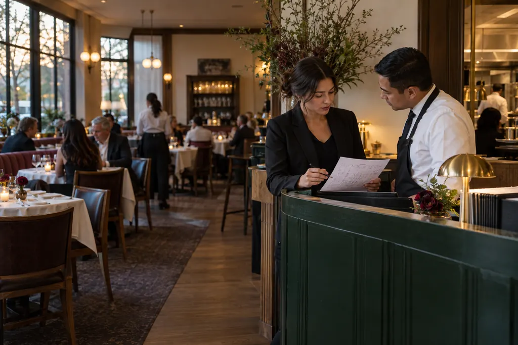 A restaurant team preparing the dining room before service