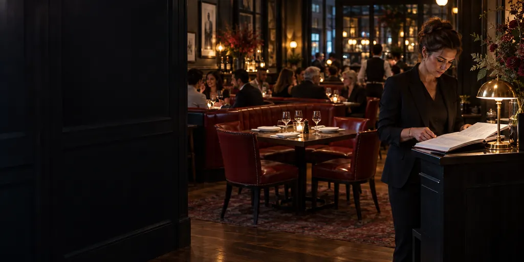 A host checking the reservation book beside a table laid for four